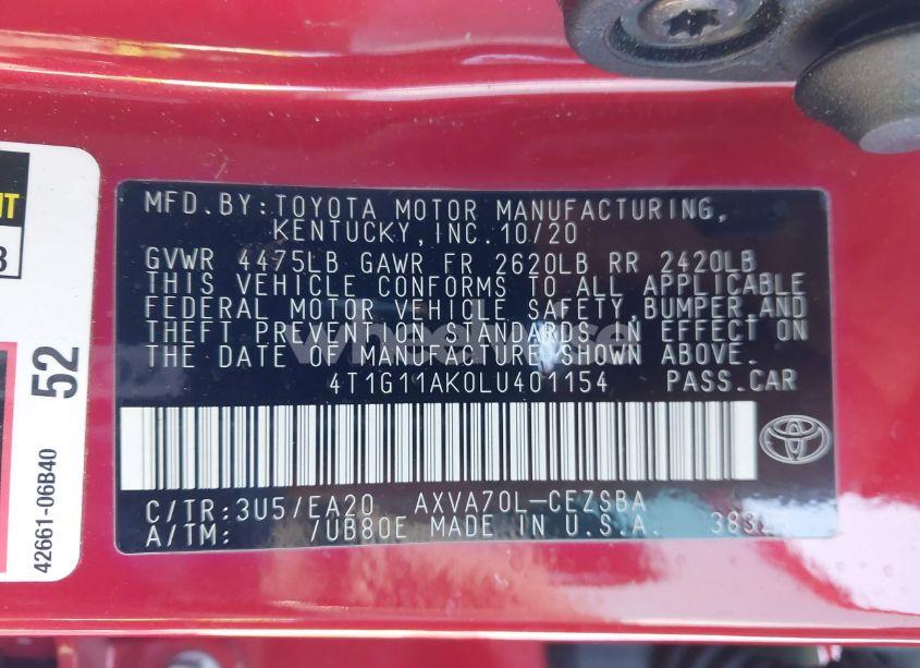 Photo 9 of 2020 Toyota Camry SE (VIN 4T1G11AK0LU401154)