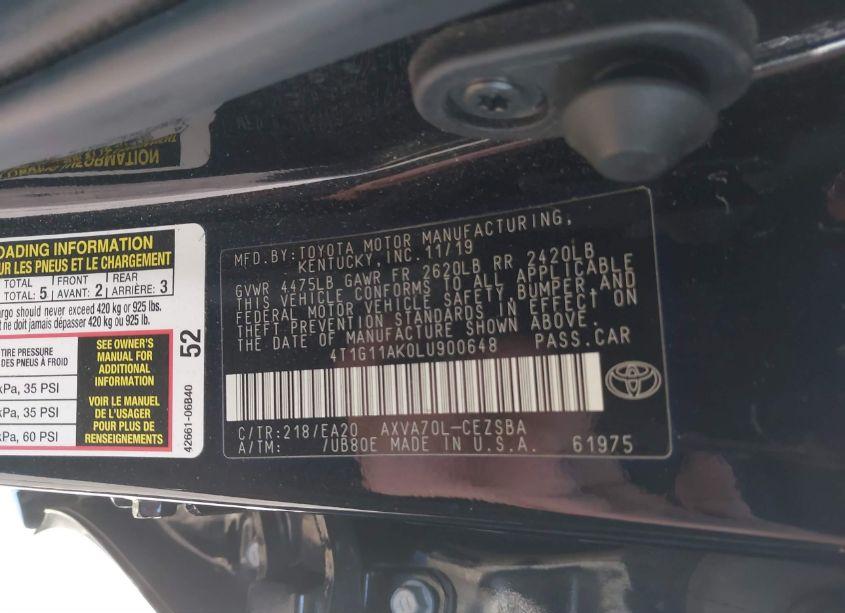 Photo 9 of 2020 Toyota Camry SE (VIN 4T1G11AK0LU900648)