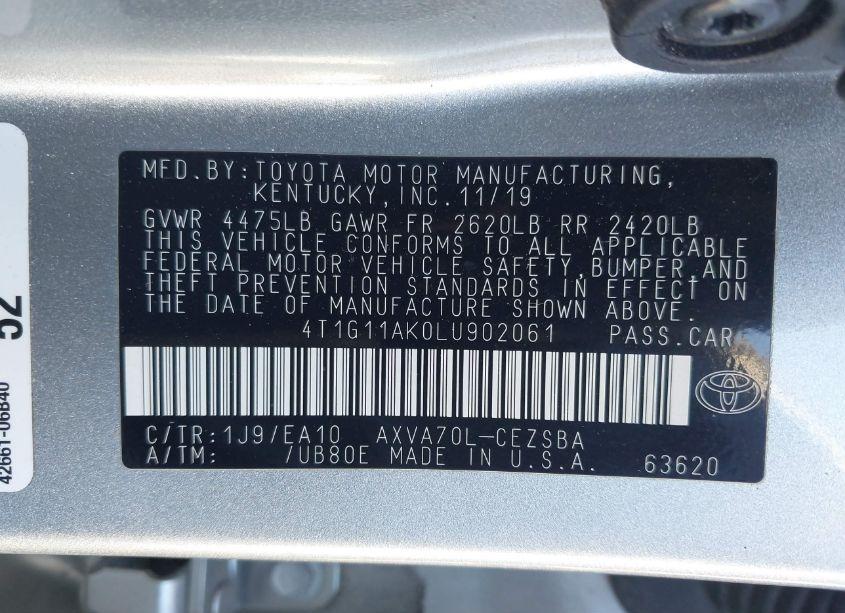 Photo 9 of 2020 Toyota Camry SE (VIN 4T1G11AK0LU902061)