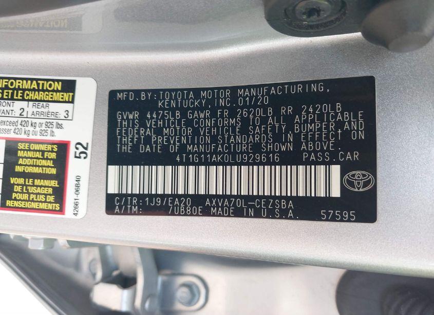 Photo 9 of 2020 Toyota Camry SE (VIN 4T1G11AK0LU929616)
