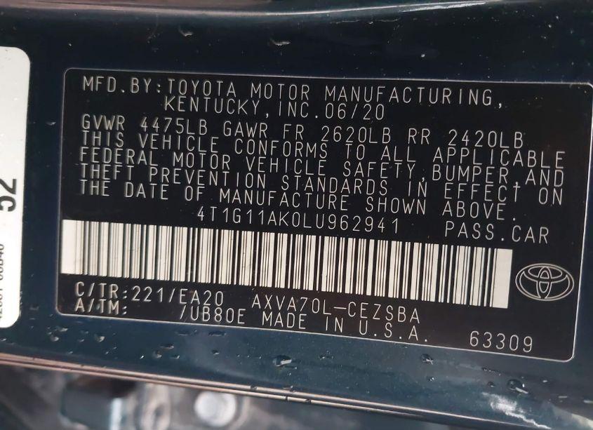 Photo 9 of 2020 Toyota Camry SE (VIN 4T1G11AK0LU962941)