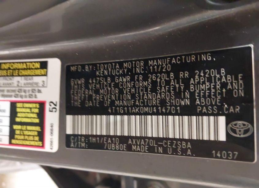 Photo 9 of 2021 Toyota Camry SE (VIN 4T1G11AK0MU414701)