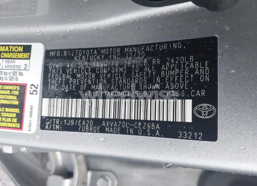 Photo 9 of 2021 Toyota Camry SE (VIN 4T1G11AK0MU425990)