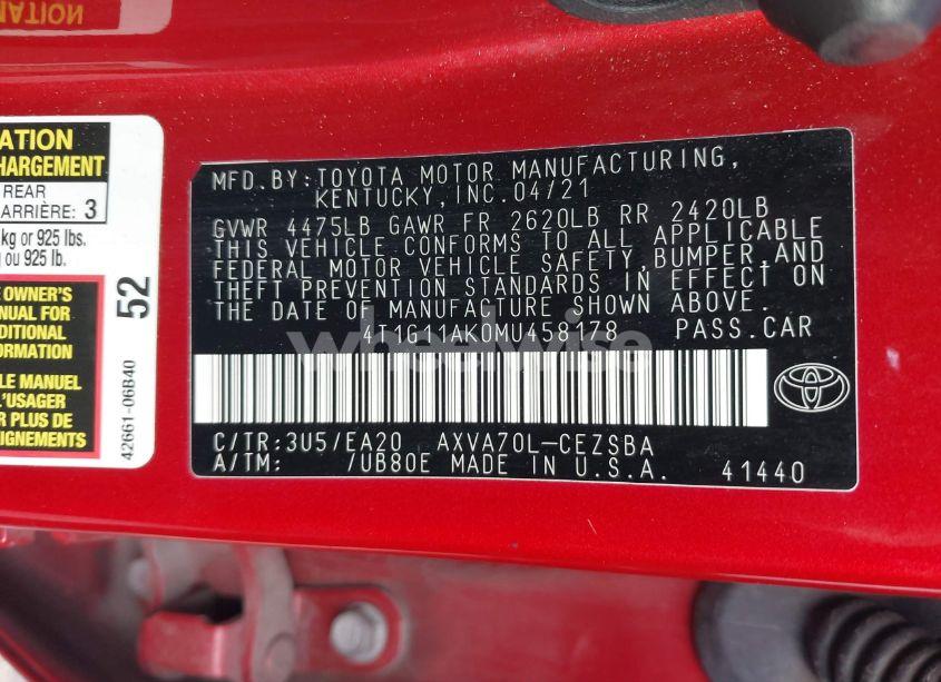 Photo 9 of 2021 Toyota Camry SE (VIN 4T1G11AK0MU458178)