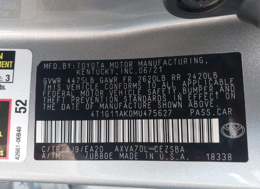 Photo 9 of 2021 Toyota Camry SE (VIN 4T1G11AK0MU475627)