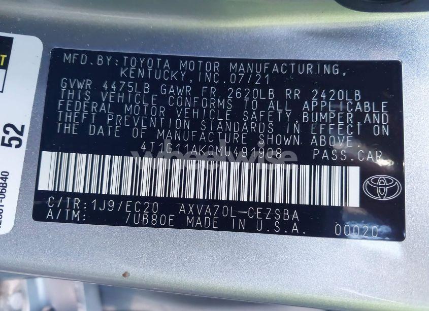 Photo 9 of 2021 Toyota Camry SE NIGHTSHADE EDITION (VIN 4T1G11AK0MU491908)