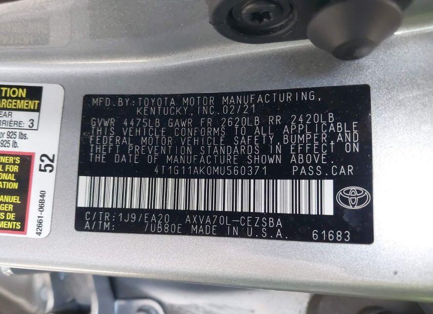 Photo 9 of 2021 Toyota Camry SE (VIN 4T1G11AK0MU560371)