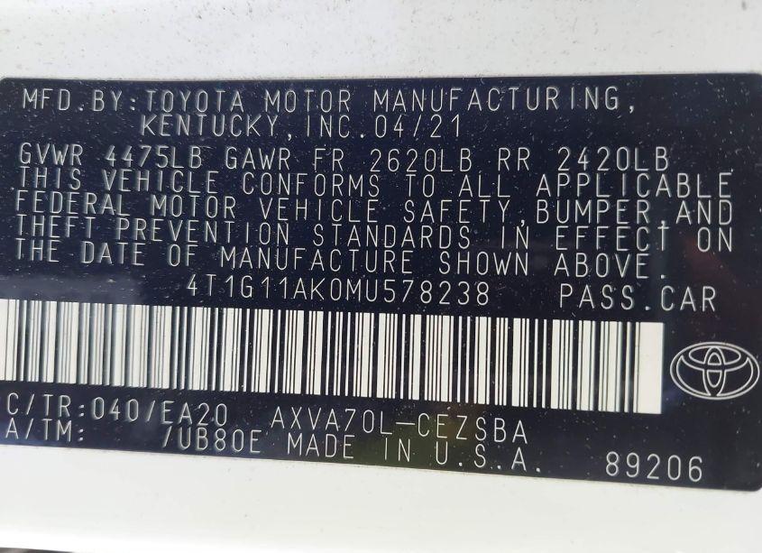Photo 9 of 2021 Toyota Camry SE (VIN 4T1G11AK0MU578238)