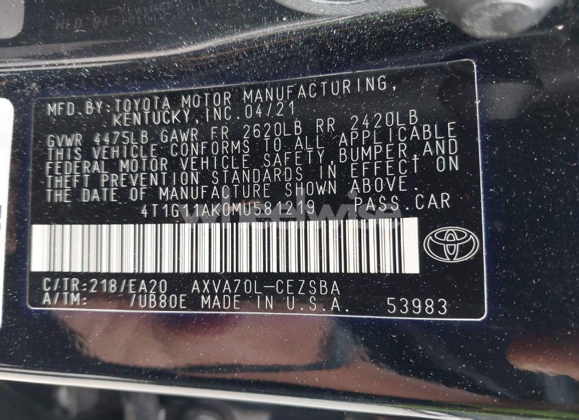 Photo 9 of 2021 Toyota Camry SE (VIN 4T1G11AK0MU581219)