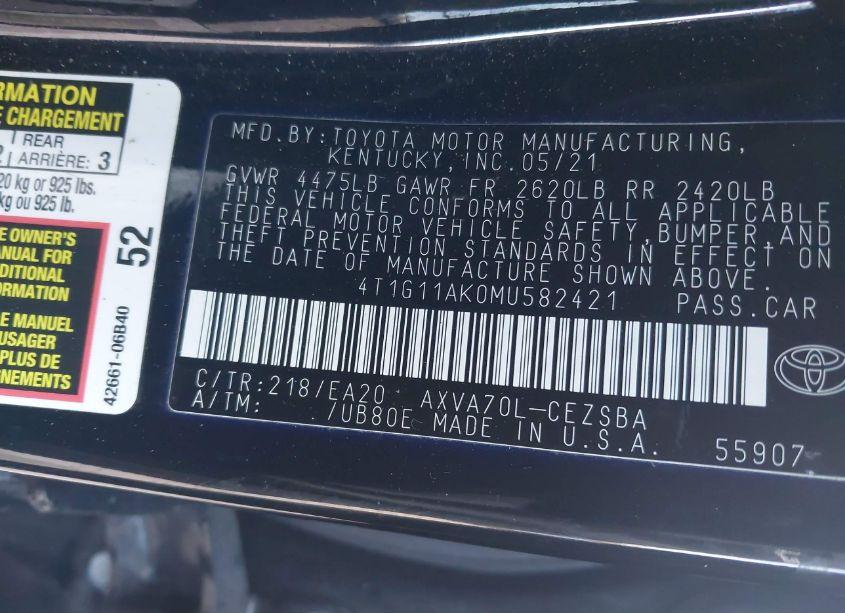 Photo 9 of 2021 Toyota Camry SE (VIN 4T1G11AK0MU582421)