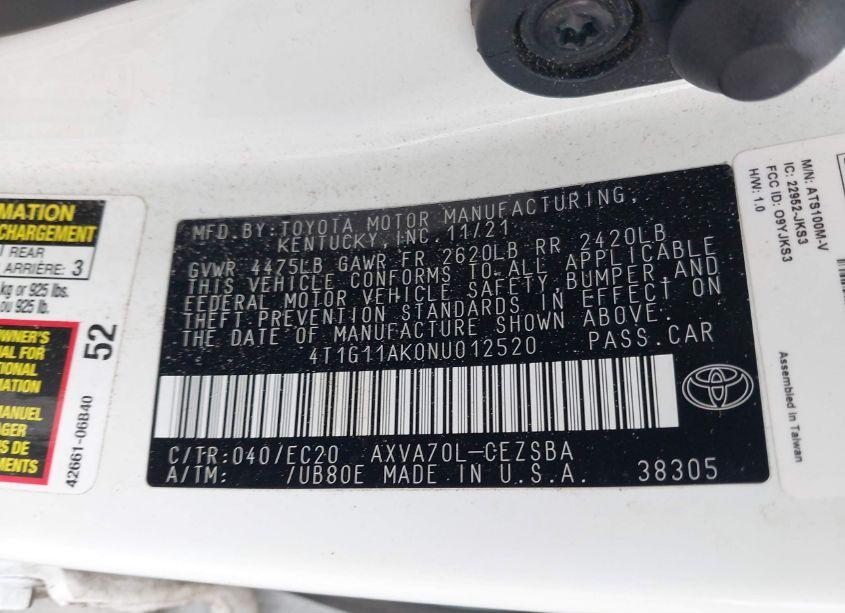 Photo 9 of 2022 Toyota Camry SE NIGHTSHADE EDITION (VIN 4T1G11AK0NU012520)