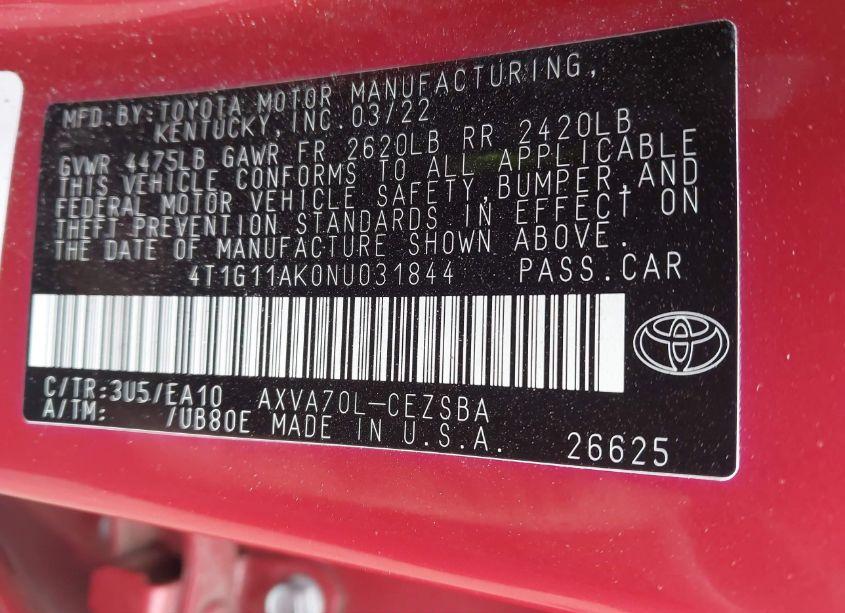 Photo 9 of 2022 Toyota Camry SE (VIN 4T1G11AK0NU031844)