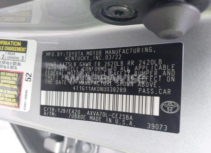 Photo 9 of 2022 Toyota Camry SE (VIN 4T1G11AK0NU038289)