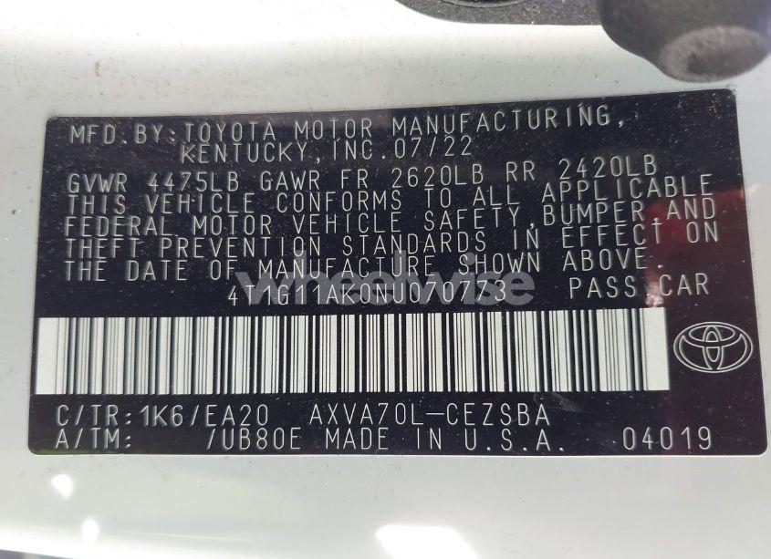 Photo 9 of 2022 Toyota Camry SE (VIN 4T1G11AK0NU070773)