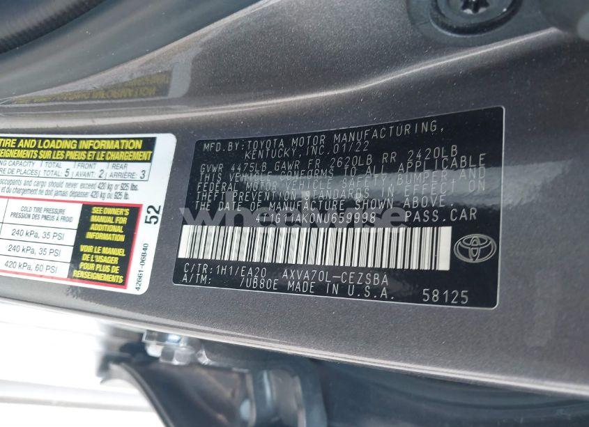 Photo 9 of 2022 Toyota Camry SE (VIN 4T1G11AK0NU659998)