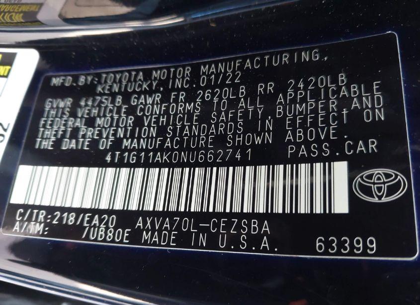 Photo 9 of 2022 Toyota Camry SE (VIN 4T1G11AK0NU662741)
