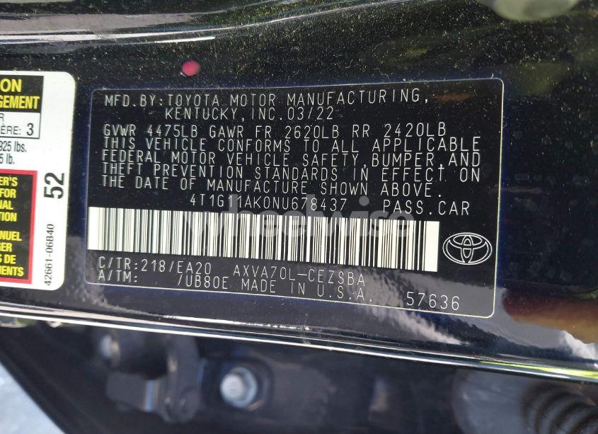 Photo 9 of 2022 Toyota Camry SE (VIN 4T1G11AK0NU678437)