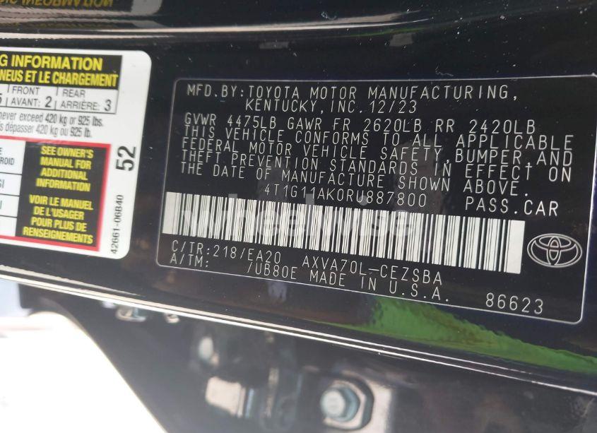 Photo 9 of 2024 Toyota Camry SE (VIN 4T1G11AK0RU887800)