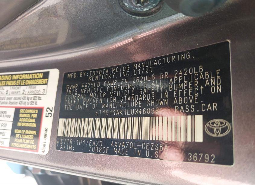 Photo 9 of 2020 Toyota Camry SE (VIN 4T1G11AK1LU346892)