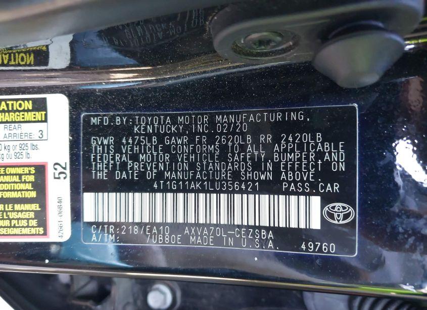 Photo 9 of 2020 Toyota Camry SE (VIN 4T1G11AK1LU356421)
