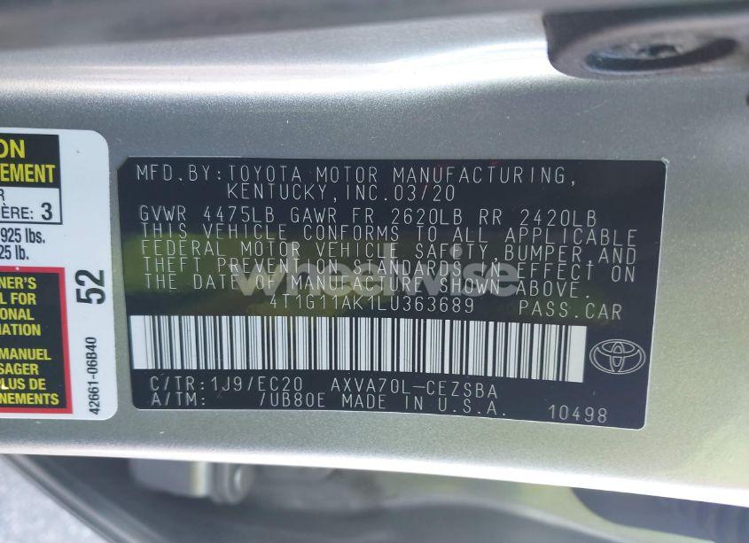 Photo 9 of 2020 Toyota Camry SE NIGHTSHADE EDITION (VIN 4T1G11AK1LU363689)