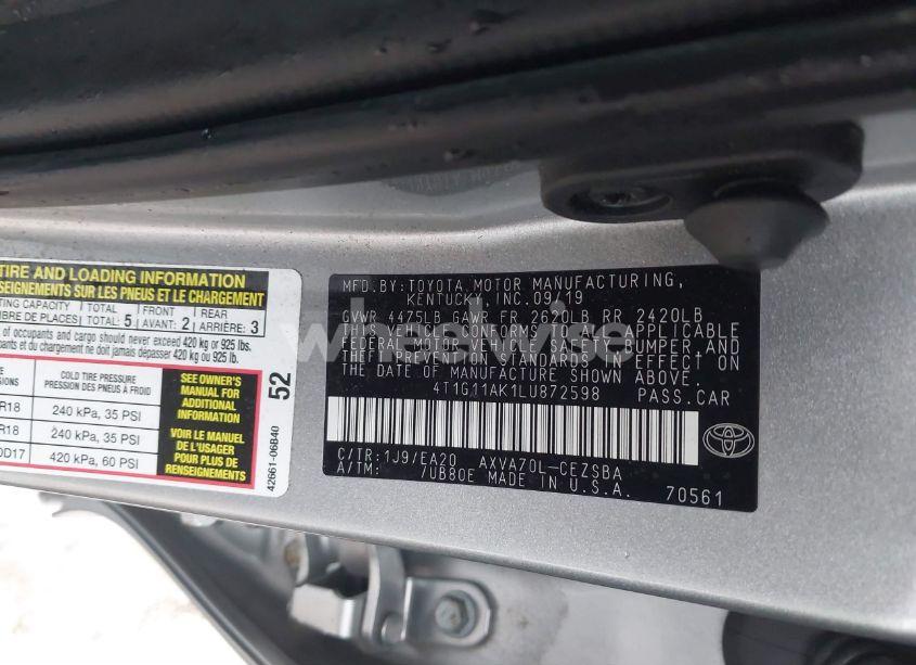 Photo 9 of 2020 Toyota Camry SE (VIN 4T1G11AK1LU872598)