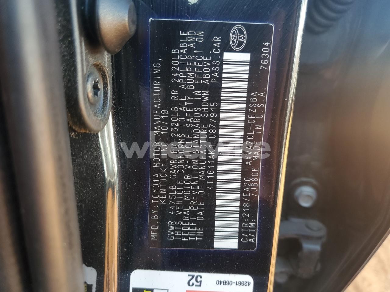 Photo 12 of 2020 TOYOTA CAMRY SE (VIN 4T1G11AK1LU877915)