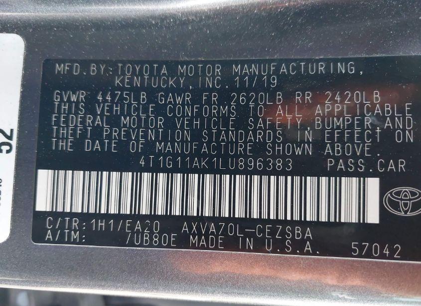 Photo 9 of 2020 Toyota Camry SE (VIN 4T1G11AK1LU896383)
