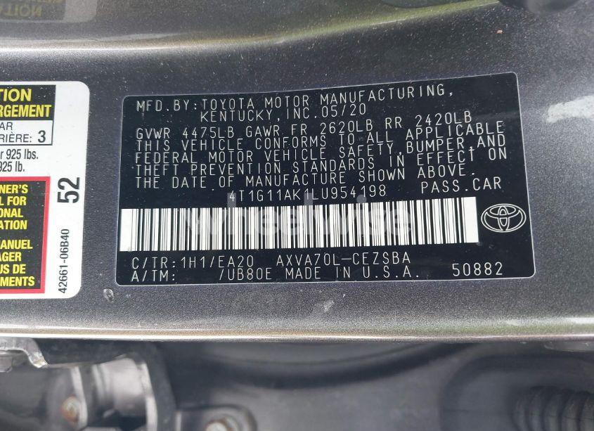 Photo 9 of 2020 Toyota Camry SE (VIN 4T1G11AK1LU954198)