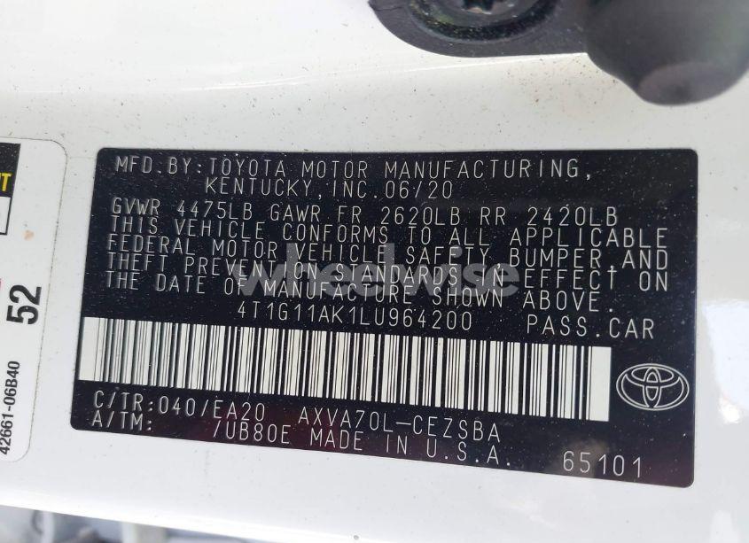 Photo 9 of 2020 Toyota Camry SE (VIN 4T1G11AK1LU964200)