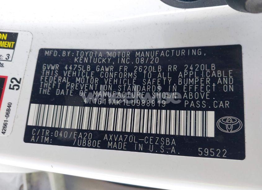 Photo 9 of 2020 Toyota Camry SE (VIN 4T1G11AK1LU988819)