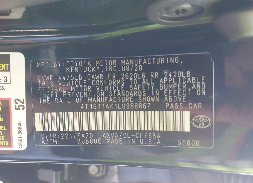 Photo 9 of 2020 Toyota Camry SE (VIN 4T1G11AK1LU988867)