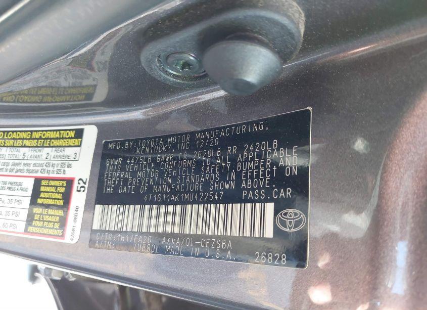 Photo 9 of 2021 Toyota Camry SE (VIN 4T1G11AK1MU422547)