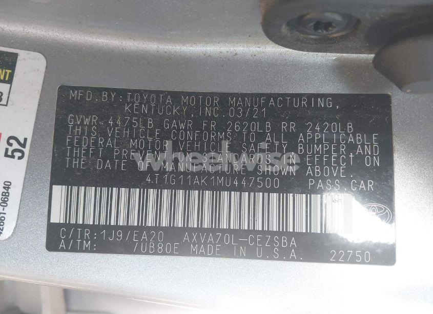 Photo 9 of 2021 Toyota Camry SE (VIN 4T1G11AK1MU447500)