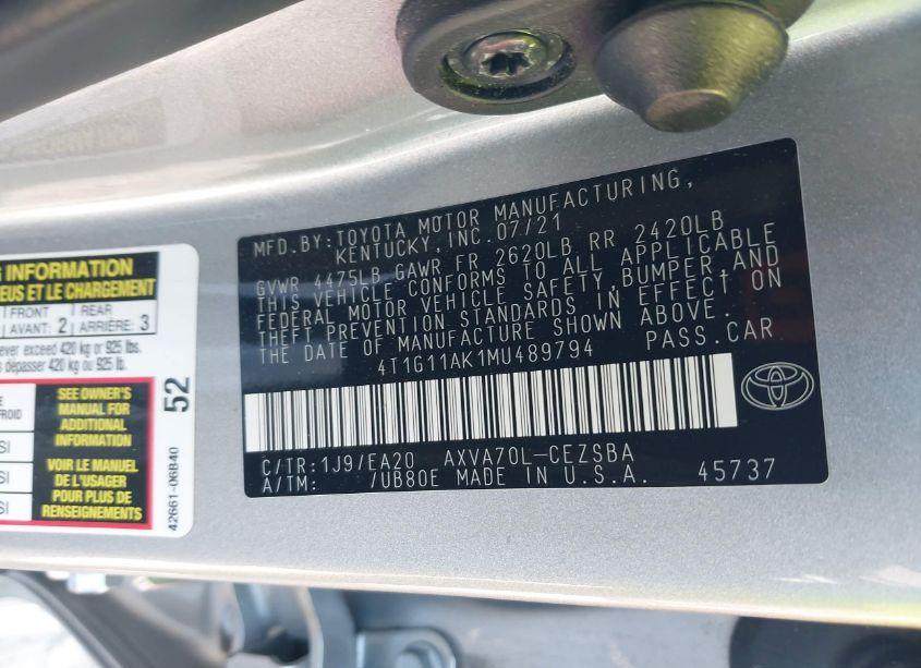 Photo 9 of 2021 Toyota Camry SE (VIN 4T1G11AK1MU489794)
