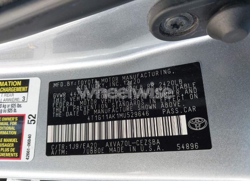 Photo 9 of 2021 Toyota Camry SE (VIN 4T1G11AK1MU529646)
