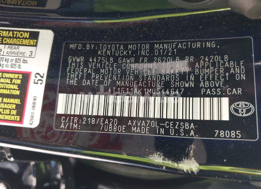 Photo 9 of 2021 Toyota Camry SE (VIN 4T1G11AK1MU544647)