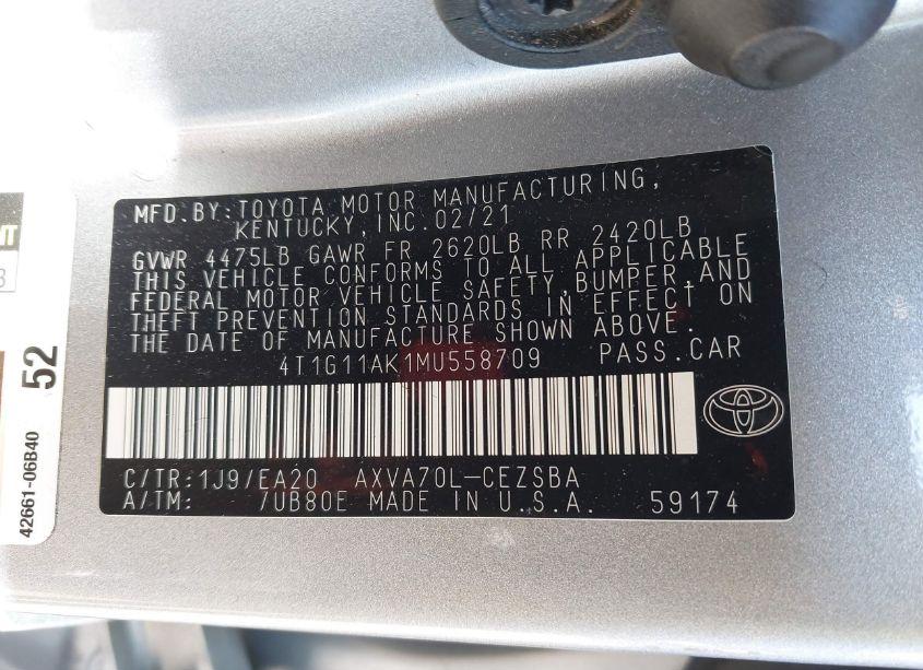Photo 9 of 2021 Toyota Camry SE (VIN 4T1G11AK1MU558709)