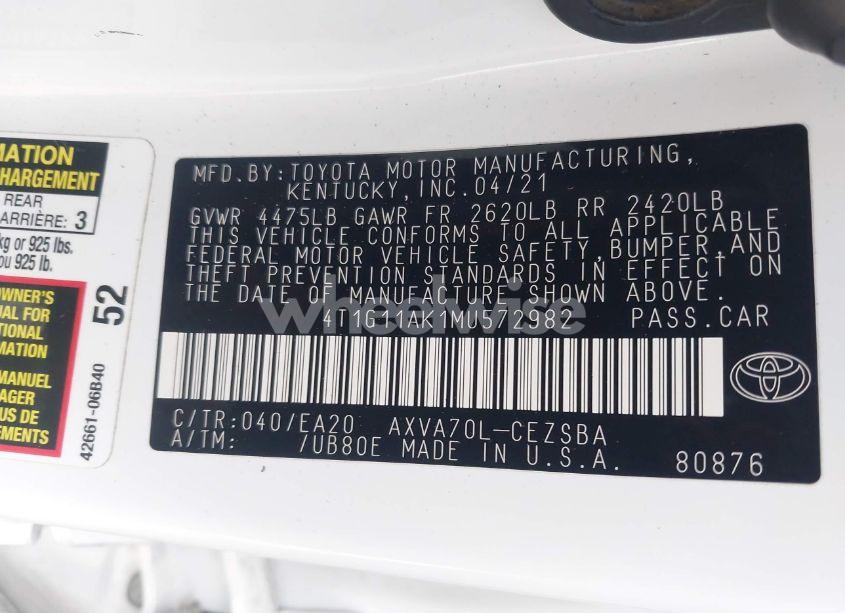 Photo 9 of 2021 Toyota Camry SE (VIN 4T1G11AK1MU572982)