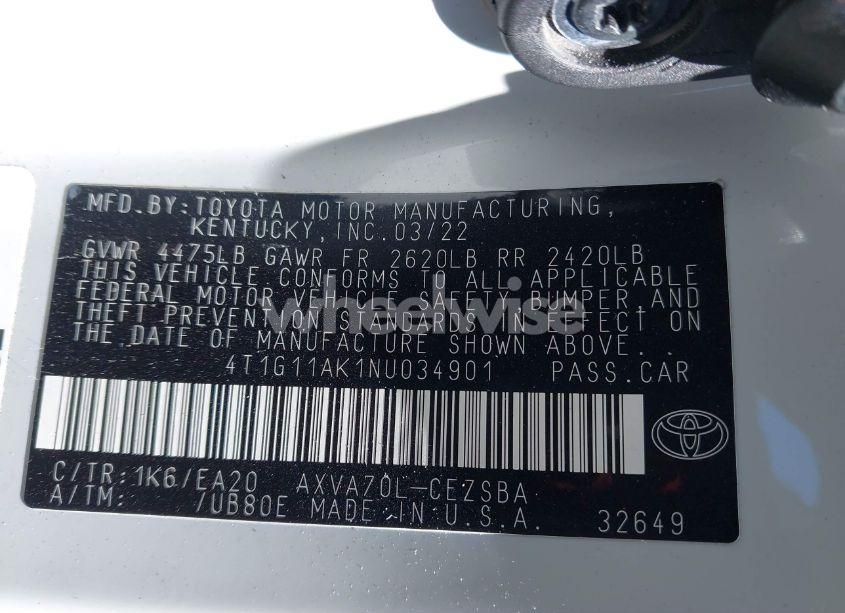 Photo 9 of 2022 Toyota Camry SE (VIN 4T1G11AK1NU034901)