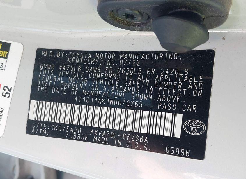 Photo 9 of 2022 Toyota Camry SE (VIN 4T1G11AK1NU070765)