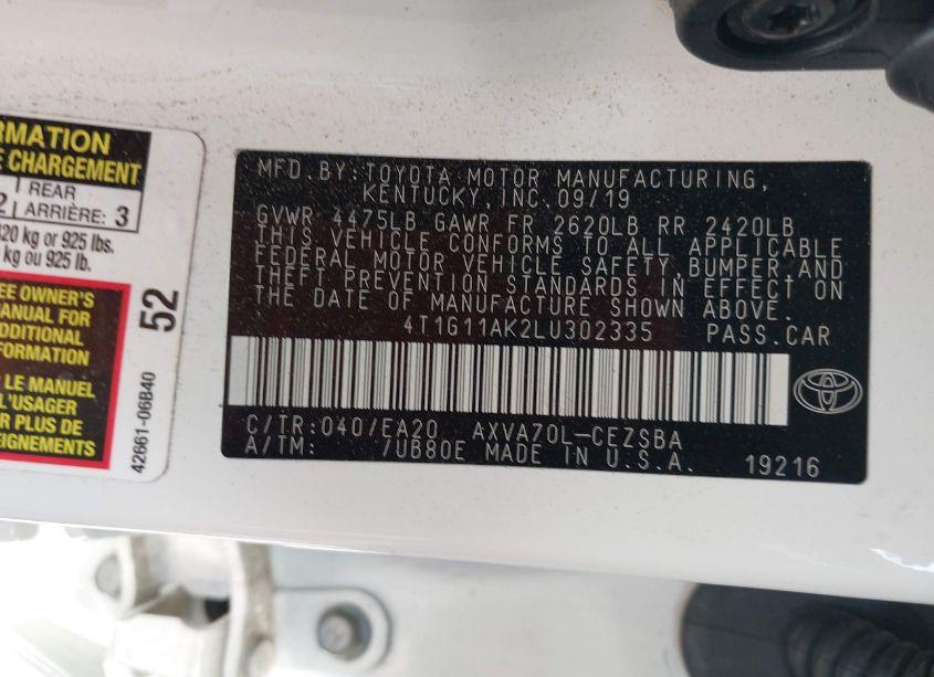 Photo 9 of 2020 Toyota Camry SE (VIN 4T1G11AK2LU302335)