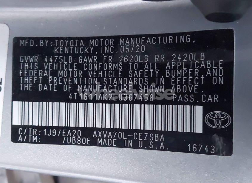 Photo 9 of 2020 Toyota Camry SE (VIN 4T1G11AK2LU367458)
