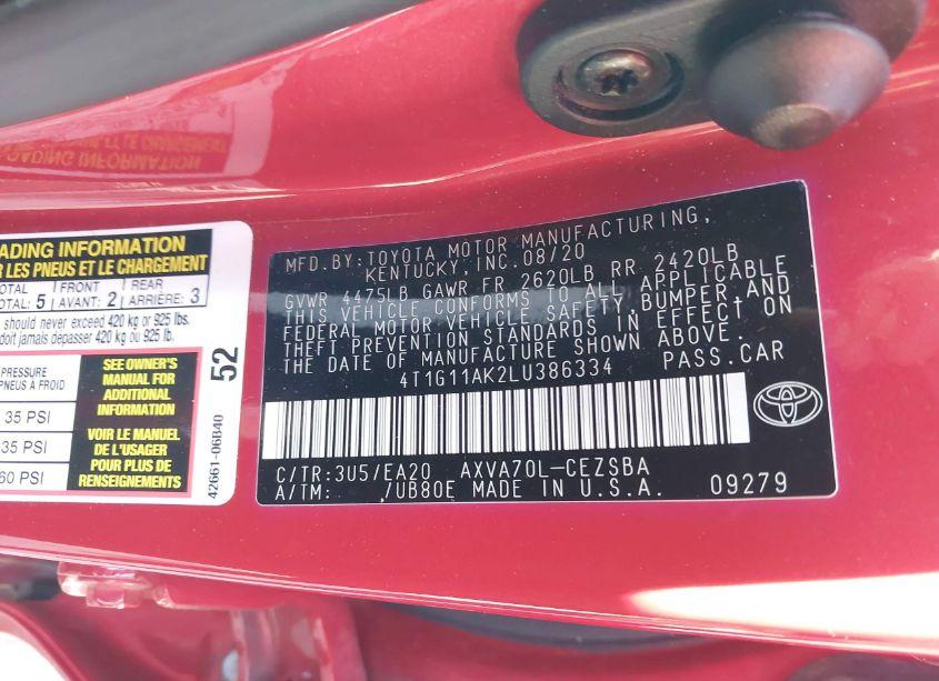 Photo 9 of 2020 Toyota Camry SE (VIN 4T1G11AK2LU386334)