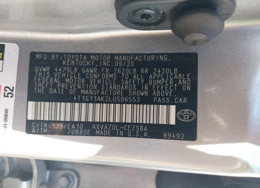 Photo 9 of 2020 Toyota Camry SE (VIN 4T1G11AK2LU506553)