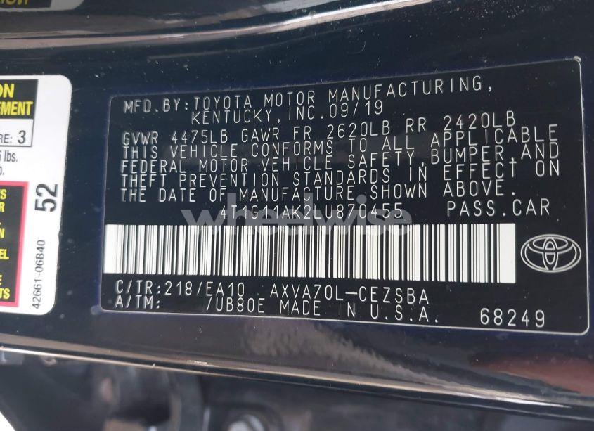 Photo 9 of 2020 Toyota Camry SE (VIN 4T1G11AK2LU870455)