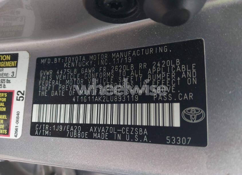 Photo 9 of 2020 Toyota Camry SE (VIN 4T1G11AK2LU893119)