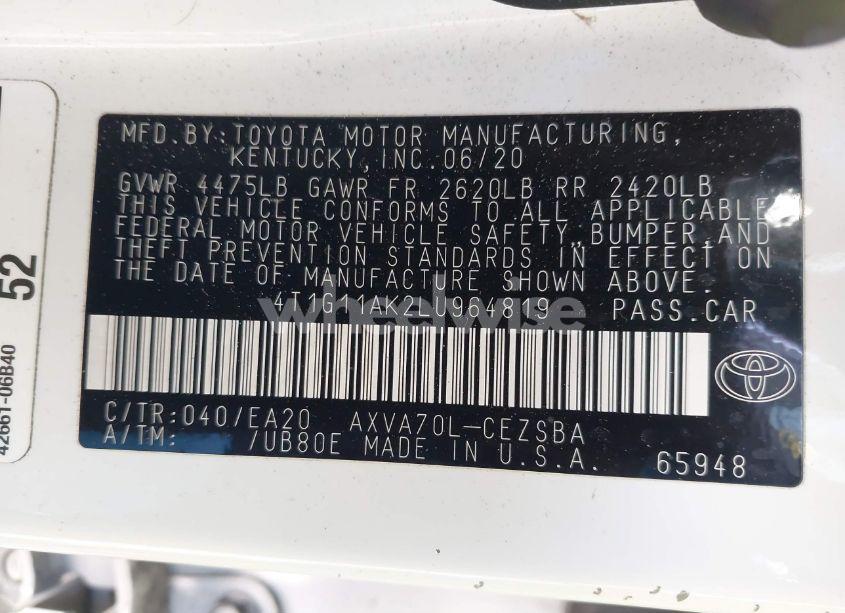 Photo 9 of 2020 Toyota Camry SE (VIN 4T1G11AK2LU964819)