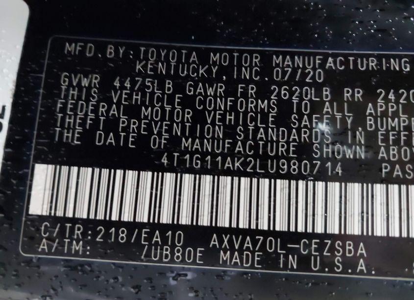 Photo 9 of 2020 Toyota Camry SE (VIN 4T1G11AK2LU980714)