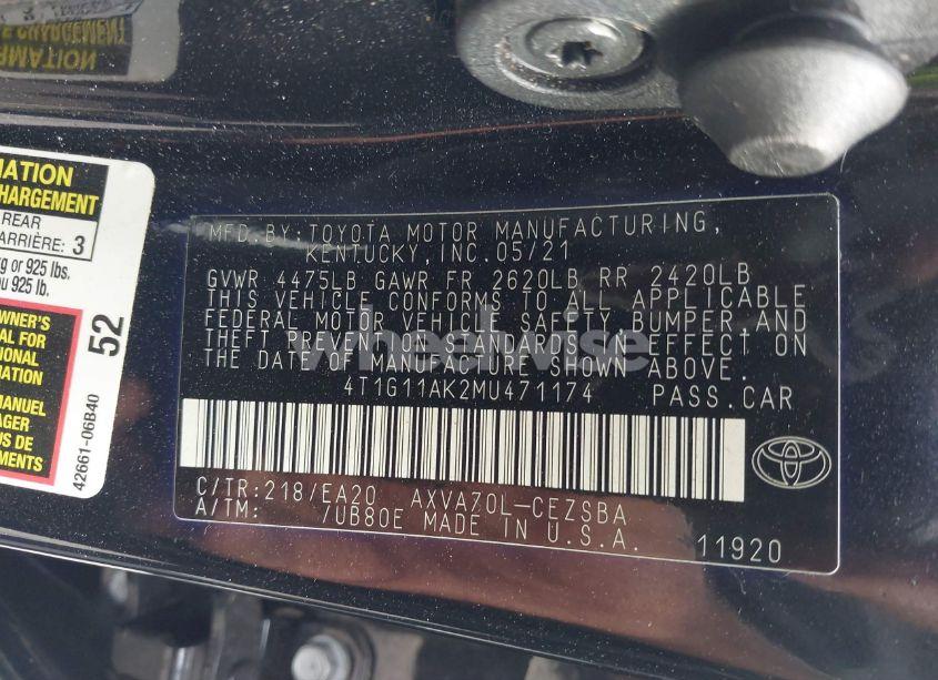 Photo 9 of 2021 Toyota Camry SE (VIN 4T1G11AK2MU471174)